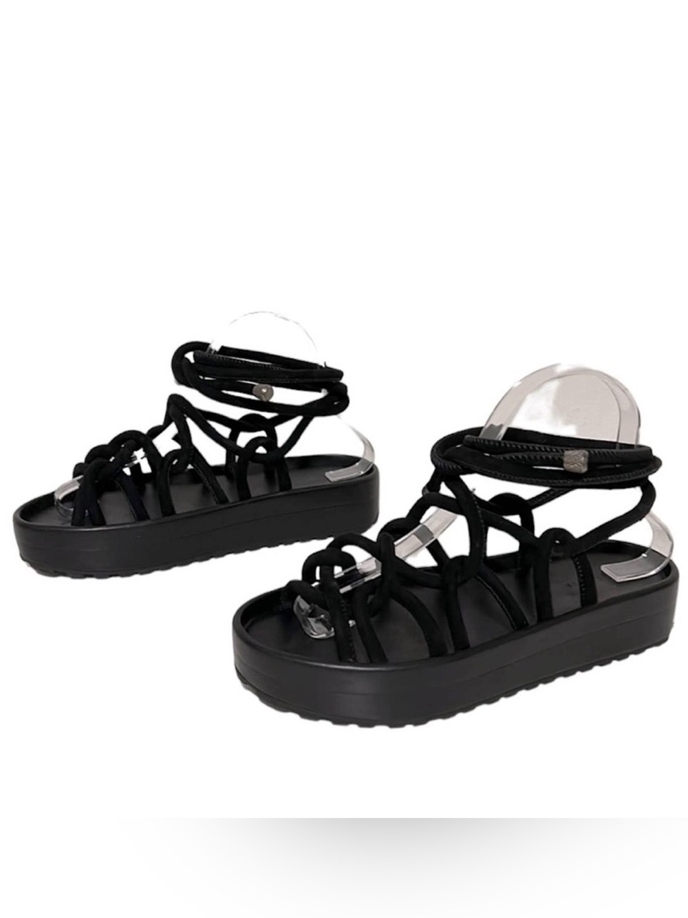 AllSaints Black Kofu Rope Lace-Up Flat Sandals Japanese Style Shibari